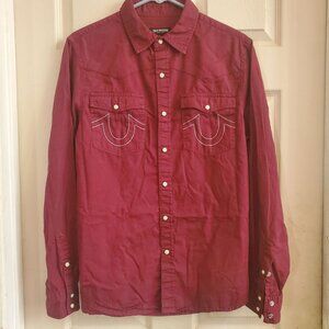 True Religion Men Sm Shirt Pearl Snap Western Cowboy Style Burgundy 100% Cotton